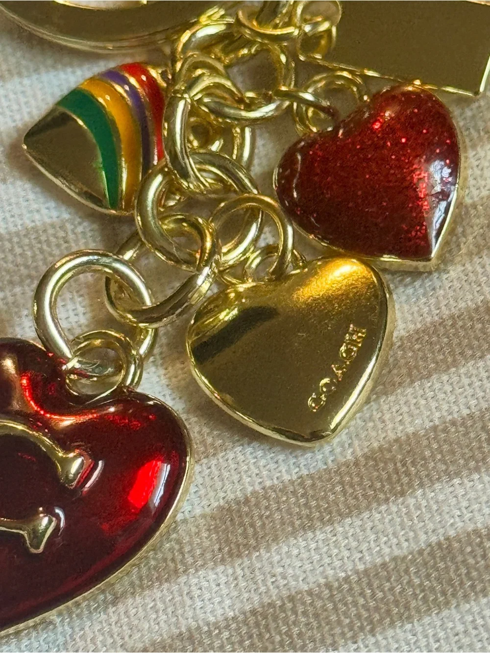 Coach Gold-Tone Red Heart Charm Keychain with Rainbow Accent